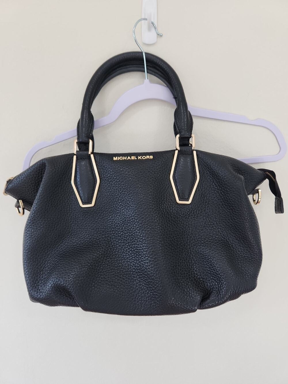 Michael Kors Black Pebbled Satchel Top Handle, Gold Hardware, Logo Buckle